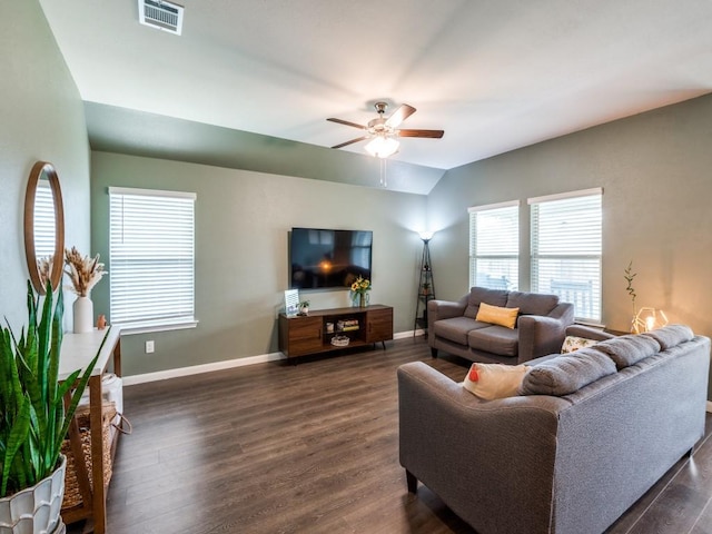 519 Stampede Ln, Princeton, TX 75407 - living area with a ceiling fan, healthy amount of natural light, dark wood-style flooring, baseboards, and lofted ceiling