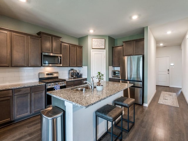 519 Stampede Ln, Princeton, TX 75407 - kitchen featuring stainless steel appliances, a sink, dark wood finished floors, decorative backsplash, and recessed lighting