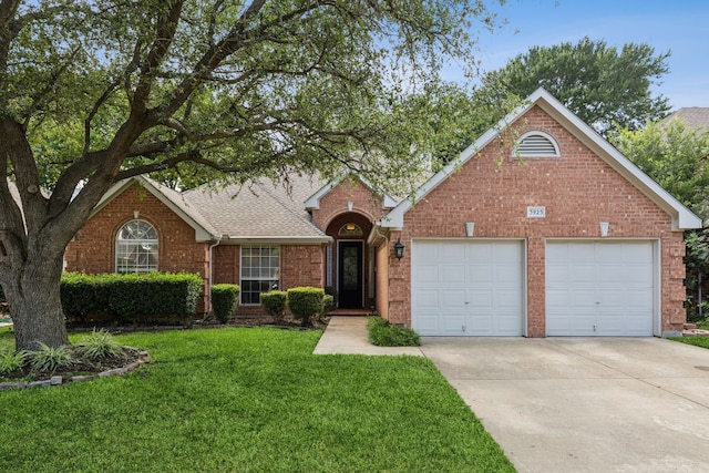 3925 Oak Park Dr, Flower Mound, TX 75028 - view of front facade featuring driveway, a front lawn, a garage, brick siding, and a shingled roof