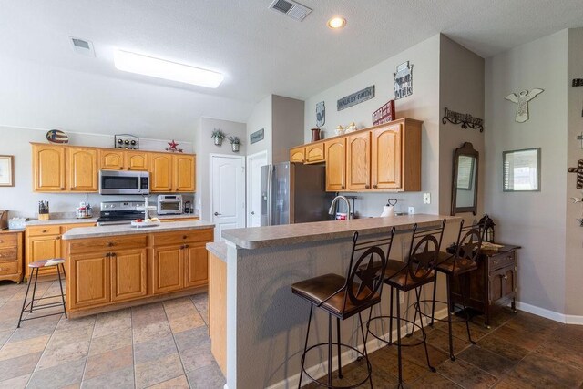 1551 Whiterock Dr, Midlothian, TX 76065 - kitchen featuring appliances with stainless steel finishes, vaulted ceiling, a peninsula, a kitchen bar, and light countertops