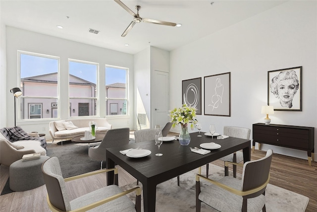 2235 Lovedale Ave Unit 102, Dallas, TX 75235 - dining area with ceiling fan, wood finished floors, and recessed lighting