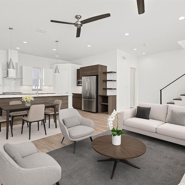 2235 Lovedale Ave Unit 102, Dallas, TX 75235 - living room with a ceiling fan, light wood finished floors, and recessed lighting