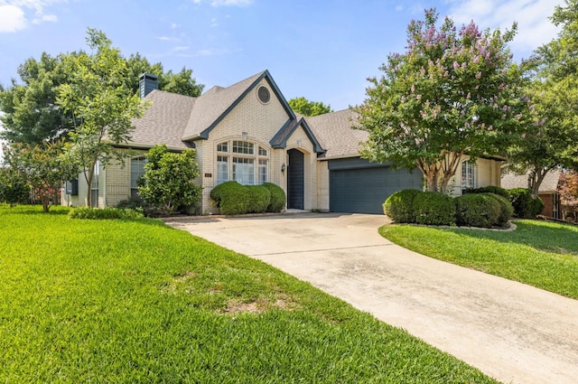 813 Palm Desert Dr, Garland, TX 75044 - view of front of home with brick siding, a garage, concrete driveway, and a chimney