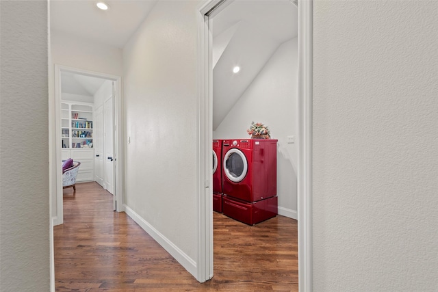 10040 Horseshoe Nail Rd, Pilot Point, TX 76258 - laundry area with washing machine and clothes dryer, wood finished floors, baseboards, and recessed lighting