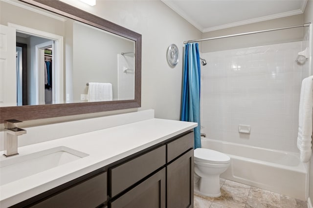 3908 Sagamore Hill Ct, Plano, TX 75025 - full bath featuring vanity, shower / bath combination with curtain, crown molding, and toilet