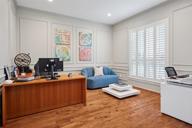 3908 Sagamore Hill Ct, Plano, TX 75025 - office space with a decorative wall, crown molding, plenty of natural light, wood finished floors, and recessed lighting