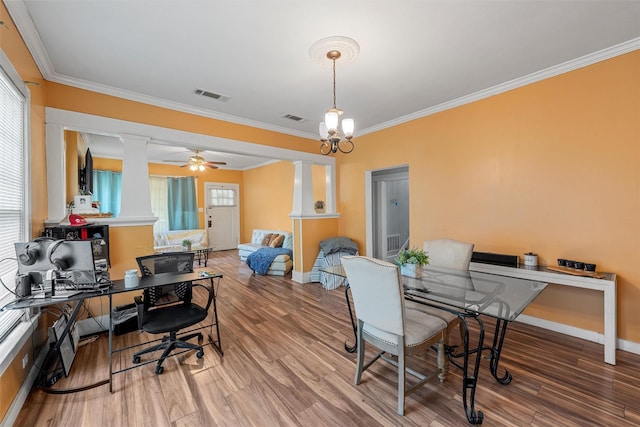 1815 Proctor Ave, Waco, TX 76708 - office space featuring ornate columns, crown molding, wood finished floors, baseboards, and a ceiling fan