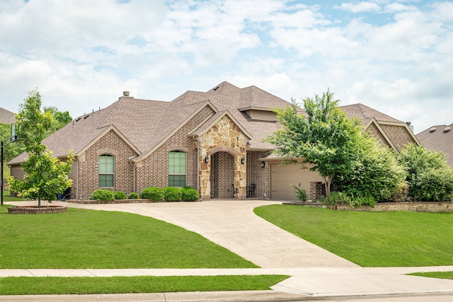 11048 Fernbury Dr, Fort Worth, TX 76179 - french country home featuring brick siding, driveway, stone siding, and a front lawn