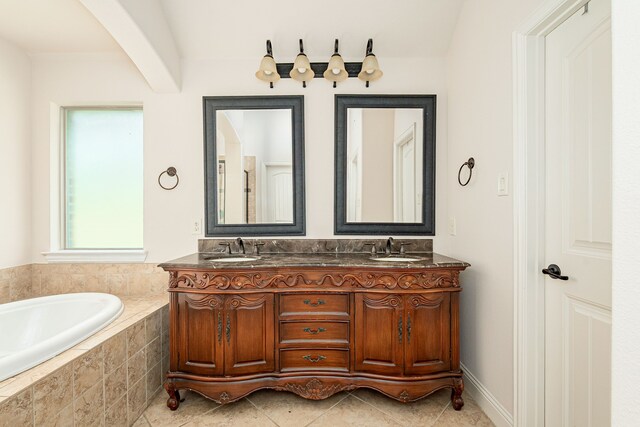 11048 Fernbury Dr, Fort Worth, TX 76179 - bathroom featuring double vanity, a garden tub, and tile patterned flooring