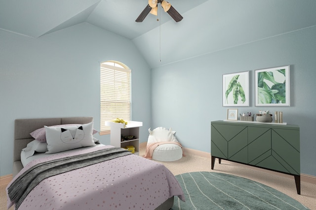 11048 Fernbury Dr, Fort Worth, TX 76179 - carpeted bedroom featuring baseboards, lofted ceiling, and a ceiling fan