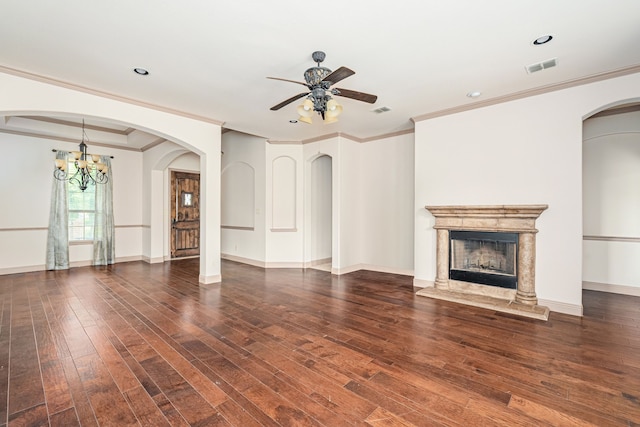 11048 Fernbury Dr, Fort Worth, TX 76179 - unfurnished living room with a ceiling fan, a premium fireplace, hardwood / wood-style flooring, a chandelier, and ornamental molding