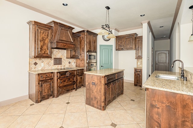 11048 Fernbury Dr, Fort Worth, TX 76179 - kitchen with a sink, custom exhaust hood, decorative backsplash, a kitchen island, and crown molding