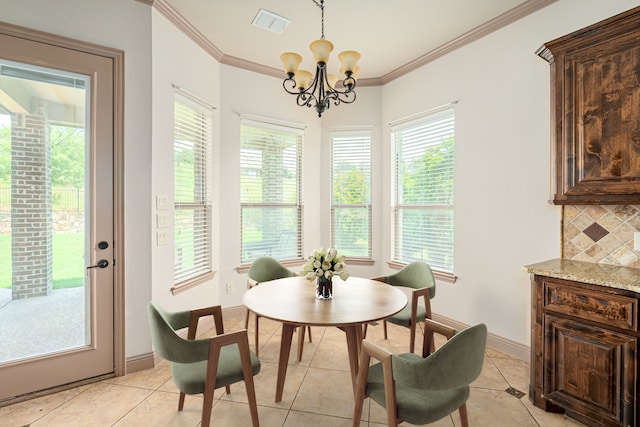 11048 Fernbury Dr, Fort Worth, TX 76179 - dining space featuring a chandelier, ornamental molding, light tile patterned floors, and baseboards