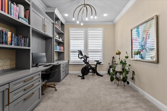 3480 Newport Dr, Prosper, TX 75078 - office area with built in study area, ornamental molding, light carpet, and baseboards