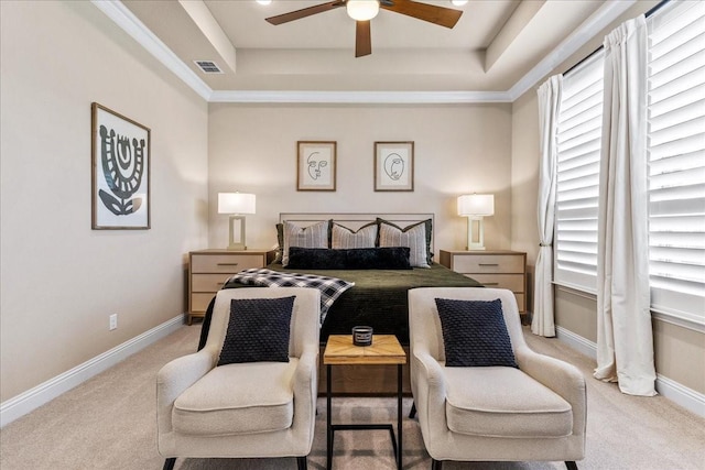 3480 Newport Dr, Prosper, TX 75078 - carpeted bedroom with a raised ceiling, baseboards, and a ceiling fan