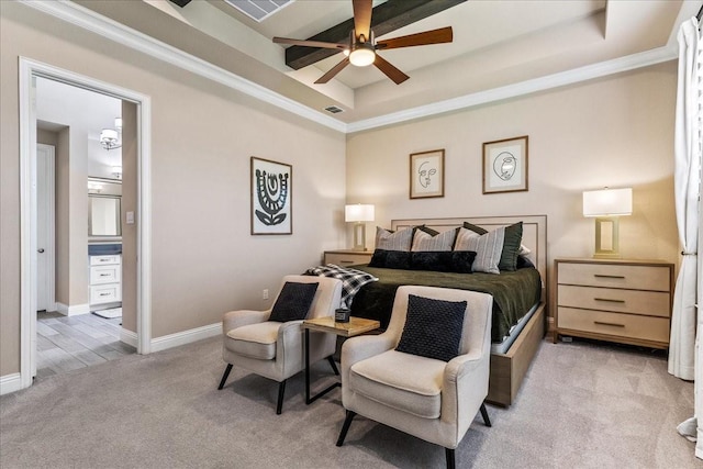 3480 Newport Dr, Prosper, TX 75078 - bedroom featuring light carpet, a tray ceiling, ornamental molding, and baseboards