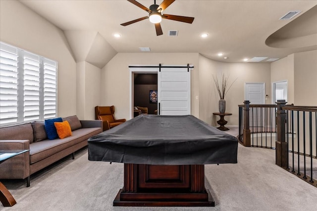 3480 Newport Dr, Prosper, TX 75078 - recreation room featuring light colored carpet, a ceiling fan, a barn door, recessed lighting, and pool table