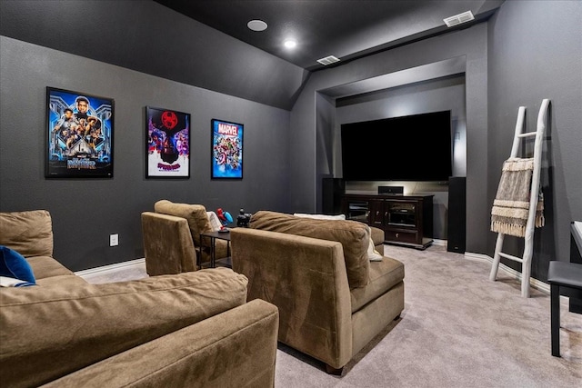 3480 Newport Dr, Prosper, TX 75078 - cinema featuring baseboards, light carpet, and vaulted ceiling