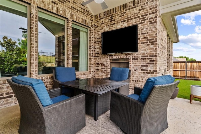 3480 Newport Dr, Prosper, TX 75078 - view of patio with a ceiling fan and an outdoor brick fireplace