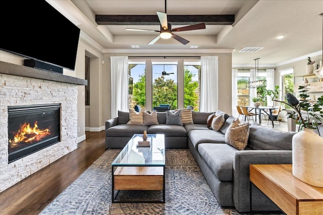 3480 Newport Dr, Prosper, TX 75078 - living room with wood finished floors, ceiling fan, ornamental molding, beamed ceiling, and baseboards