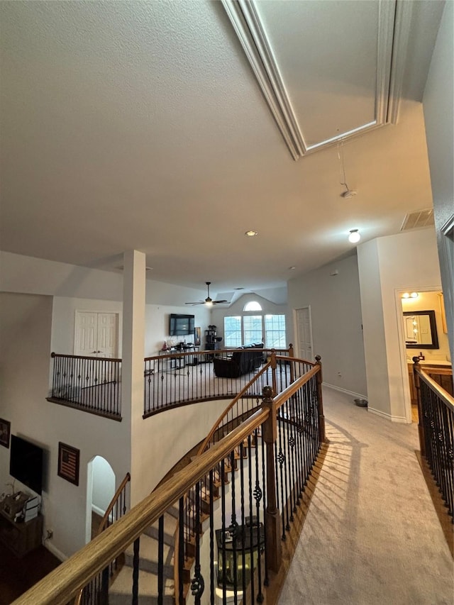 1549 Alamo Bell Way, Fort Worth, TX 76052 - hall with attic access, light carpet, an upstairs landing, and baseboards