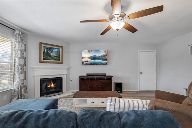 1036 Ridgetop Dr, Justin, TX 76247 - living room featuring healthy amount of natural light, a ceiling fan, a lit fireplace, and wood finished floors