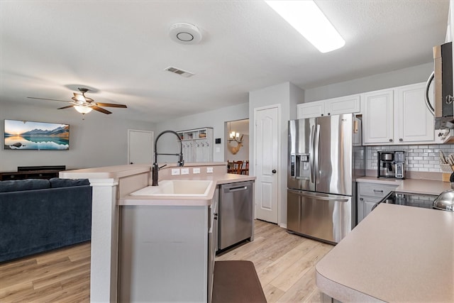 1036 Ridgetop Dr, Justin, TX 76247 - kitchen featuring stainless steel appliances, a sink, open floor plan, a ceiling fan, and light wood finished floors
