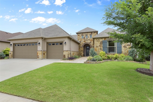 11017 Cartwright Dr, Denton, TX 76207 - french country style house with stone siding, a garage, concrete driveway, a front yard, and roof with shingles