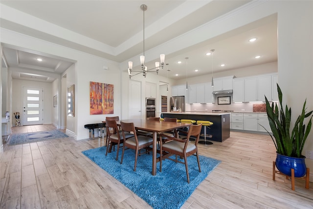 11017 Cartwright Dr, Denton, TX 76207 - dining area featuring light wood-style flooring, a chandelier, baseboards, crown molding, and recessed lighting