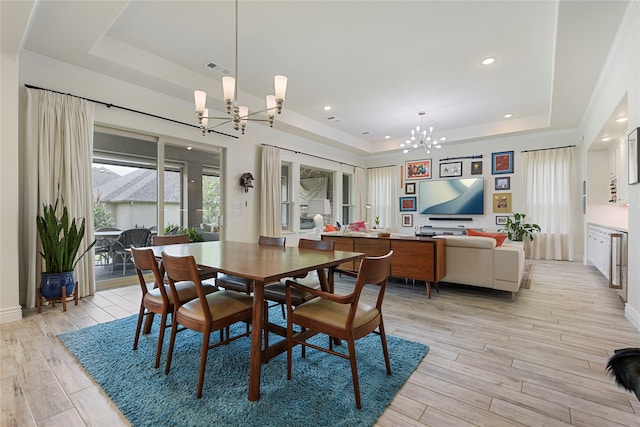 11017 Cartwright Dr, Denton, TX 76207 - dining space with a raised ceiling, a chandelier, light wood finished floors, and recessed lighting