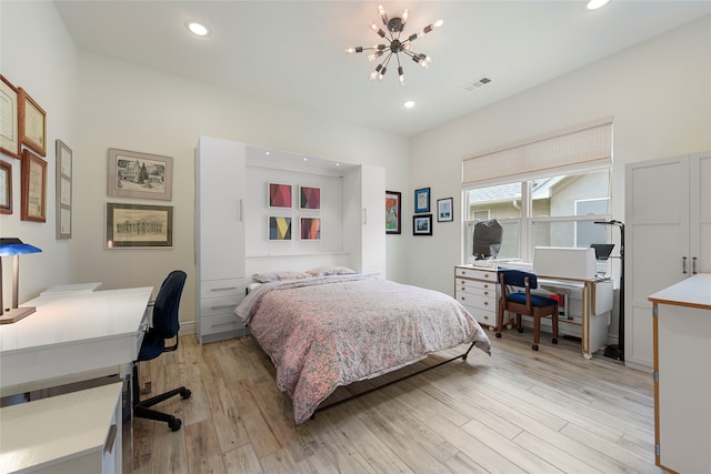 11017 Cartwright Dr, Denton, TX 76207 - bedroom with an office area, light wood-style floors, a chandelier, and recessed lighting