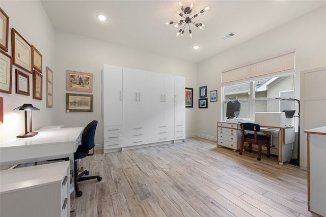 11017 Cartwright Dr, Denton, TX 76207 - office area with light wood-type flooring, a chandelier, recessed lighting, and baseboards
