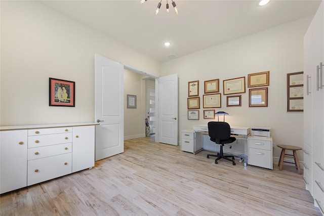 11017 Cartwright Dr, Denton, TX 76207 - office featuring light wood-type flooring, a chandelier, baseboards, and recessed lighting