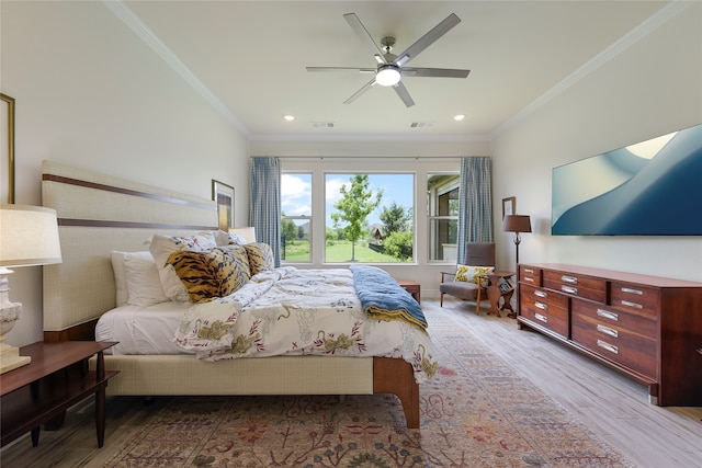 11017 Cartwright Dr, Denton, TX 76207 - bedroom with light wood-style flooring, ornamental molding, recessed lighting, and a ceiling fan