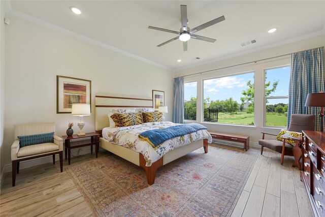 11017 Cartwright Dr, Denton, TX 76207 - bedroom featuring ornamental molding, light wood-style flooring, recessed lighting, baseboards, and ceiling fan