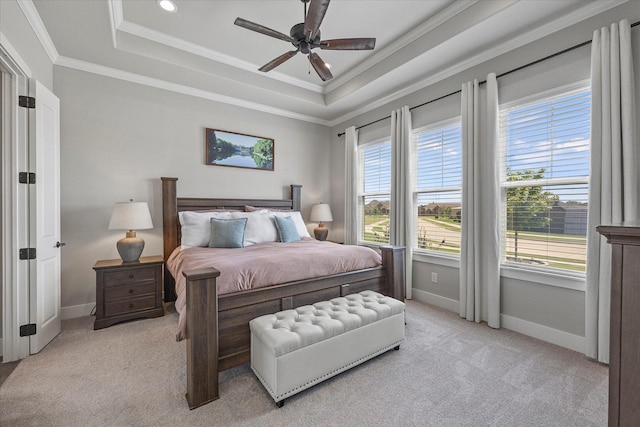 1007 Sinopa St, Caddo Mills, TX 75135 - bedroom featuring a raised ceiling, baseboards, light carpet, crown molding, and recessed lighting
