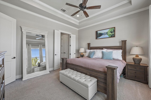1007 Sinopa St, Caddo Mills, TX 75135 - carpeted bedroom featuring crown molding, a tray ceiling, baseboards, a ceiling fan, and recessed lighting