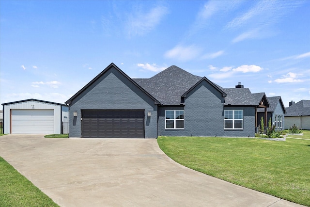 1007 Sinopa St, Caddo Mills, TX 75135 - view of front of home with a front yard, brick siding, driveway, a chimney, and a shingled roof