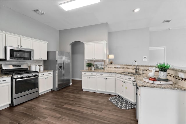 2814 Saddlebred Trl, Celina, TX 75009 - kitchen featuring stainless steel appliances, a sink, decorative backsplash, white cabinets, and a peninsula