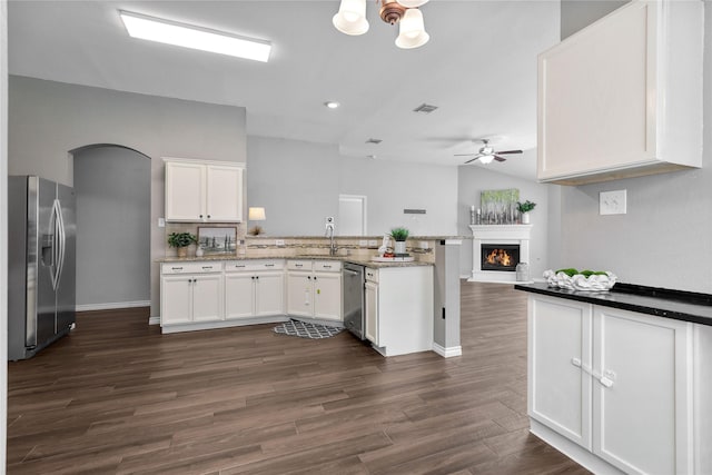 2814 Saddlebred Trl, Celina, TX 75009 - kitchen with stainless steel appliances, a peninsula, a sink, ceiling fan, and a lit fireplace