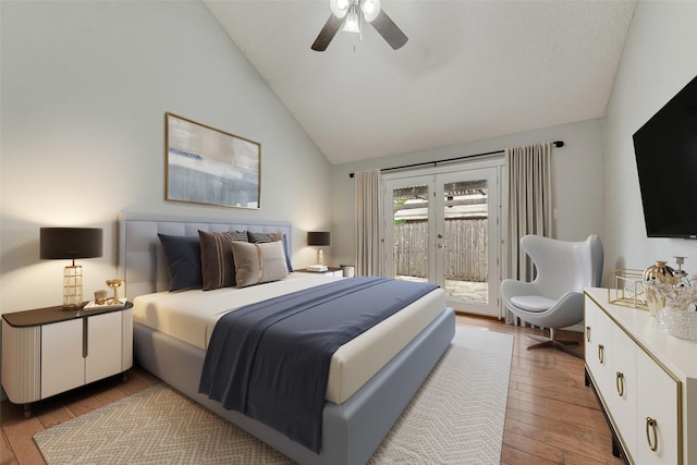2537 Montclair Ln, Mesquite, TX 75150 - bedroom with lofted ceiling, access to exterior, light wood-style flooring, ceiling fan, and french doors