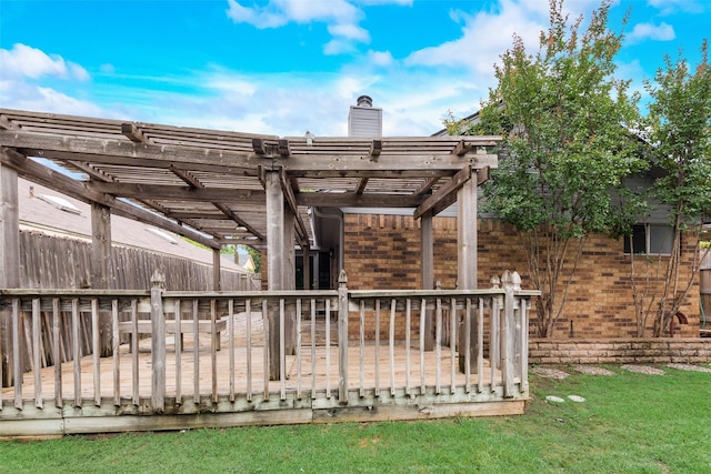 2537 Montclair Ln, Mesquite, TX 75150 - rear view of house featuring a wooden deck, a pergola, brick siding, and a chimney