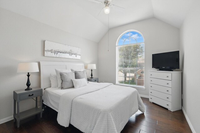 14620 Windsor Ct, Addison, TX 75001 - bedroom with multiple windows, lofted ceiling, dark wood finished floors, baseboards, and a ceiling fan