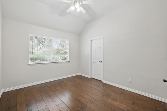 14620 Windsor Ct, Addison, TX 75001 - empty room featuring baseboards, a ceiling fan, dark wood-style flooring, and vaulted ceiling