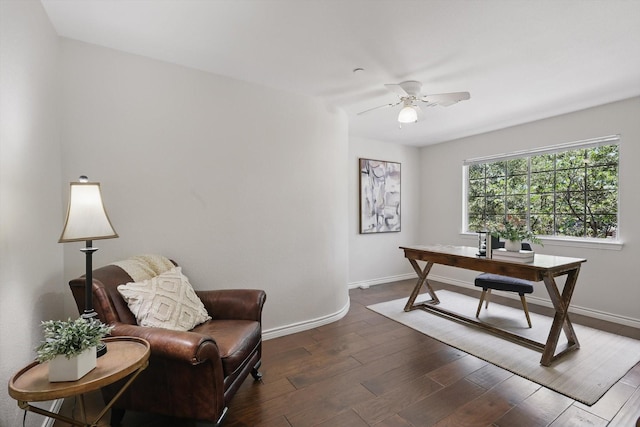 14620 Windsor Ct, Addison, TX 75001 - home office featuring a ceiling fan, baseboards, and dark wood finished floors
