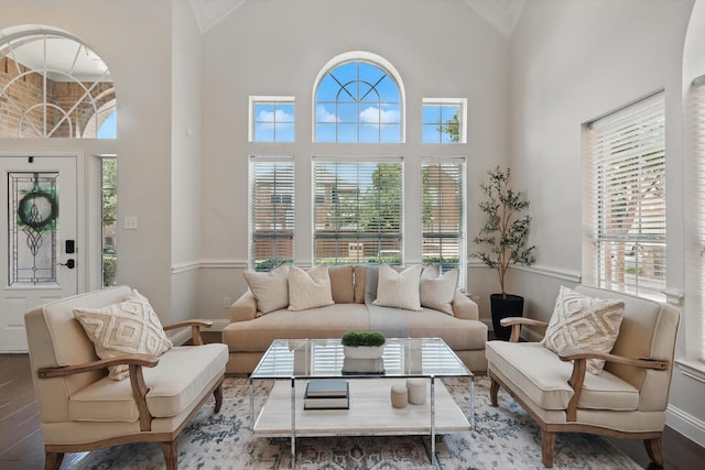 14620 Windsor Ct, Addison, TX 75001 - living area featuring plenty of natural light, high vaulted ceiling, wood finished floors, baseboards, and crown molding