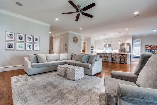 6242 Vickery Blvd, Dallas, TX 75214 - living room with ornamental molding, ceiling fan, wood finished floors, recessed lighting, and baseboards