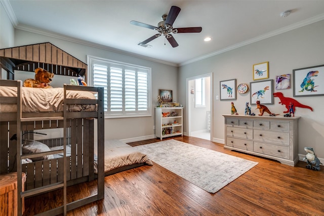 6242 Vickery Blvd, Dallas, TX 75214 - bedroom featuring baseboards, wood finished floors, ornamental molding, recessed lighting, and a ceiling fan