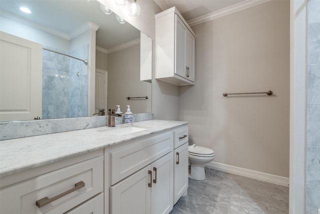 6242 Vickery Blvd, Dallas, TX 75214 - bathroom featuring crown molding, toilet, vanity, a shower, and baseboards