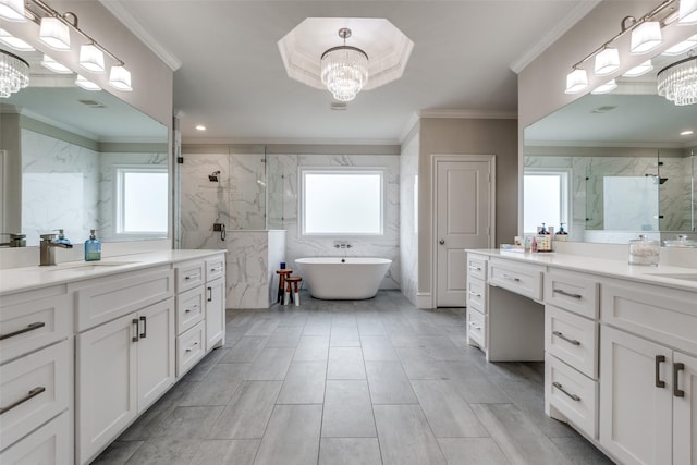 6242 Vickery Blvd, Dallas, TX 75214 - full bathroom with a chandelier, healthy amount of natural light, a marble finish shower, ornamental molding, and tile walls